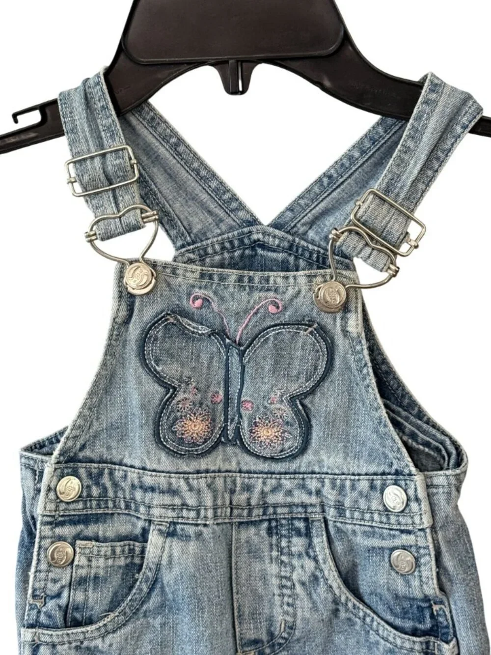 Faded Glory Infant Denim Overalls With Butterfly & Floral Embroidery 12 month